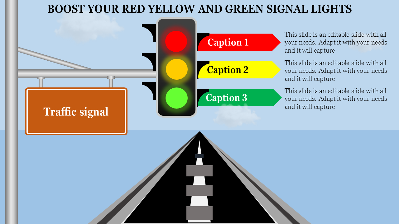 Traffic light infographic with red, yellow, and green sections labeled as three captions  on the right side.