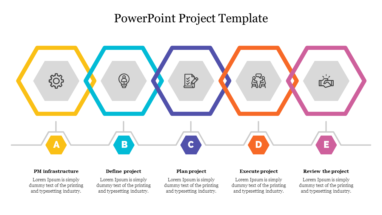 Project management slide showing five colorful hexagons with icons for PM infrastructure, defining, planning, and reviewing.