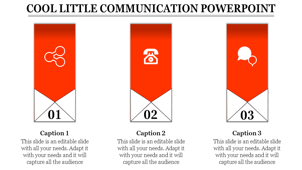 A communication PowerPoint template featuring three sections with icons and captions.