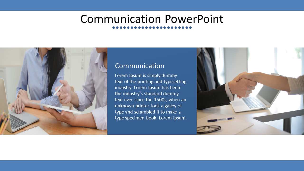 A communication themed PowerPoint slide featuring two people discussing over laptops with a handshake in the foreground.