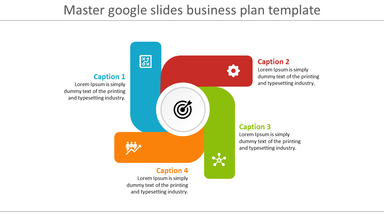 Business plan slide featuring a colorful circular layout with sections for four different captions and icons.