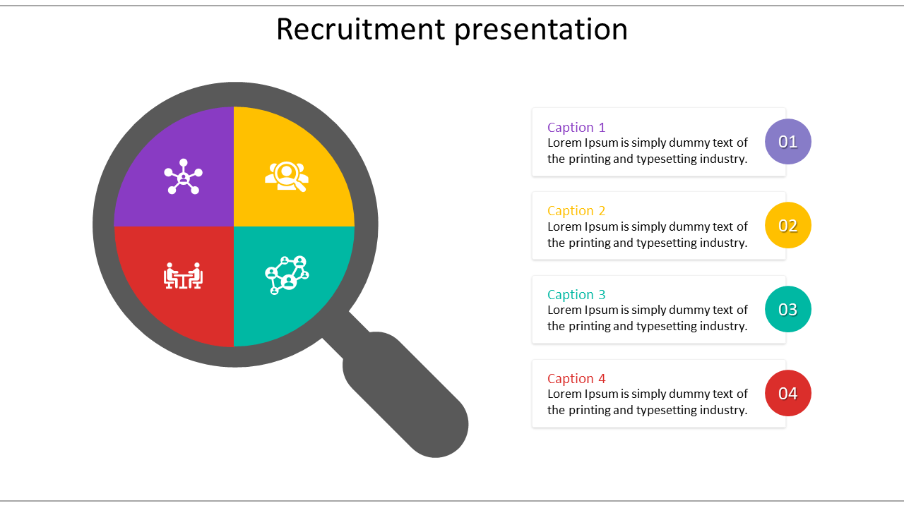 Magnifying glass graphic with four colored quadrants showing icons, paired with four numbered text captions for recruitement.