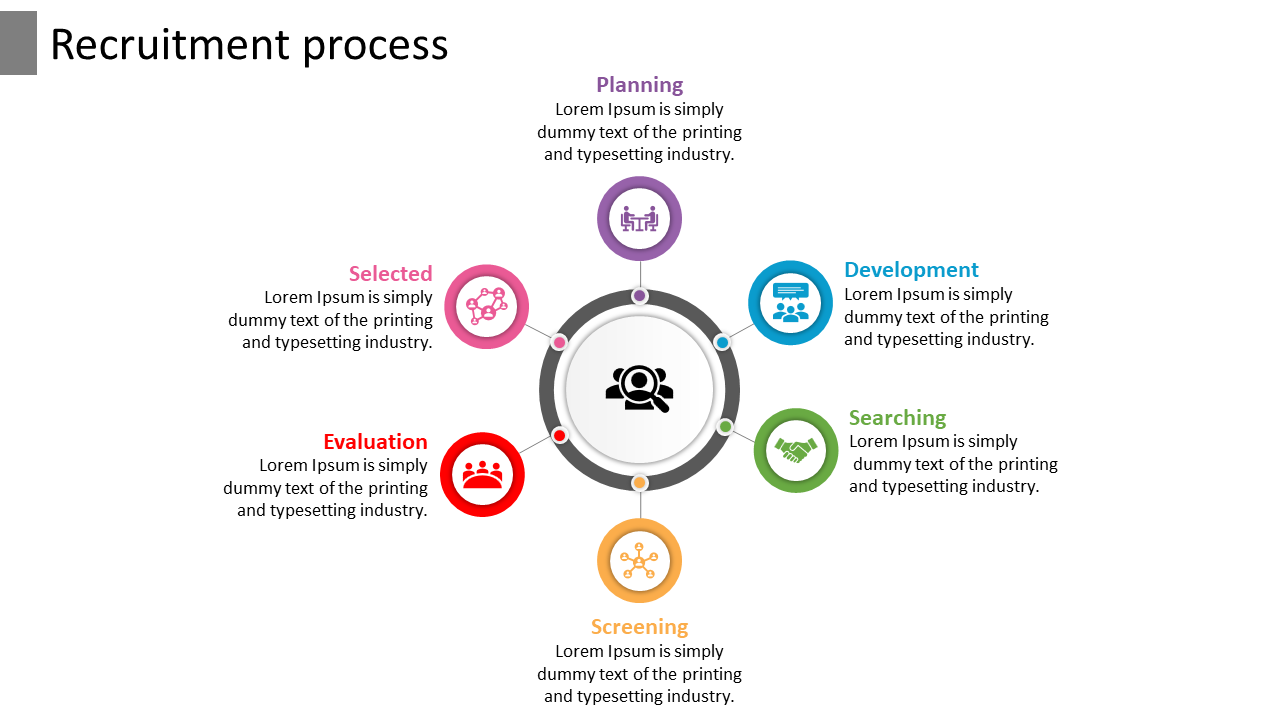 Recruitment process slide in a circular design with six colored sections, each featuring an icon and text placeholder.