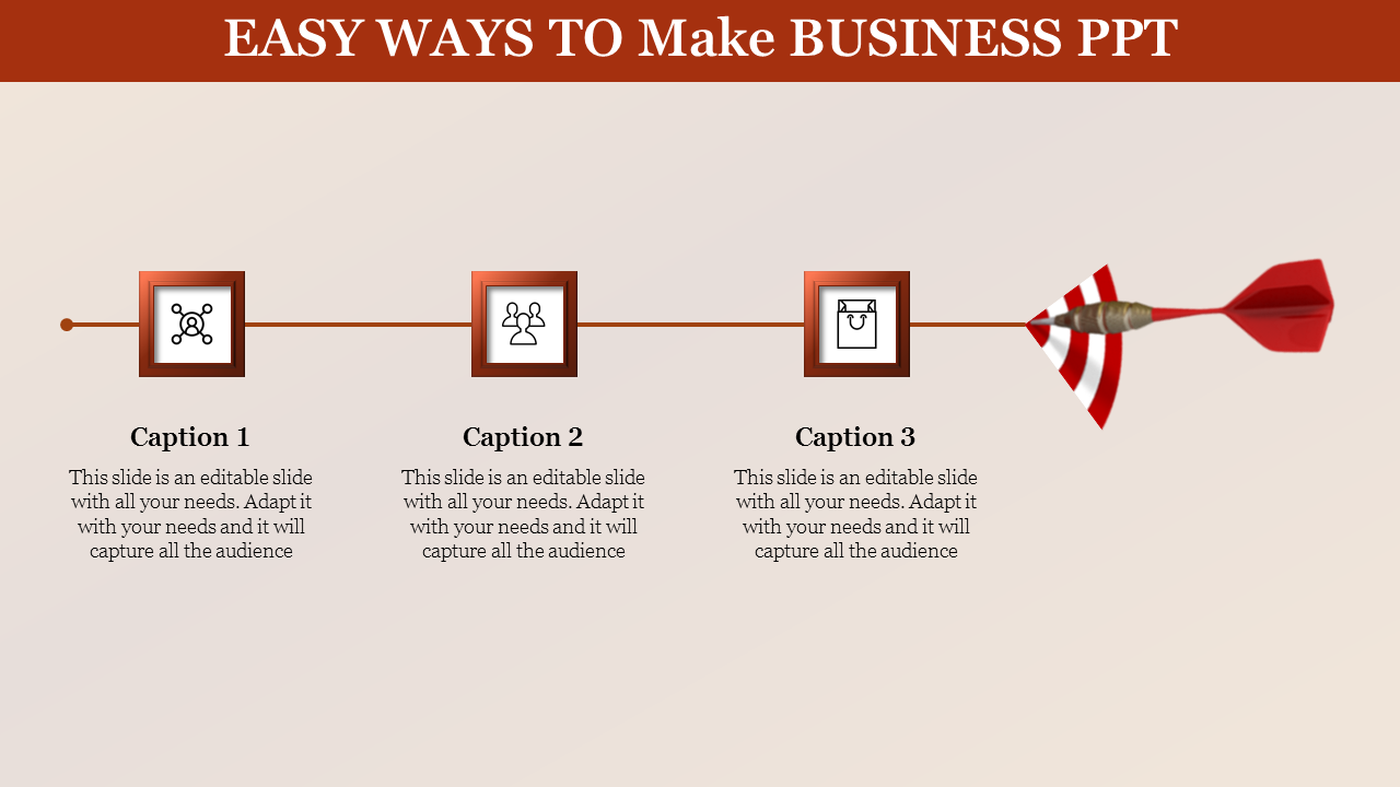 Business PowerPoint slide with three sections connected by arrows, each featuring icons for networking, teamwork, and sales.