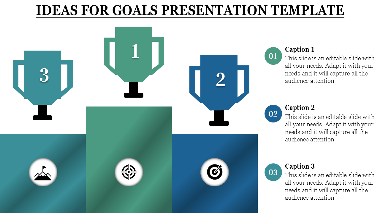 Business goals template with three trophy icons in green, blue, and teal, each above colored blocks with symbols. 