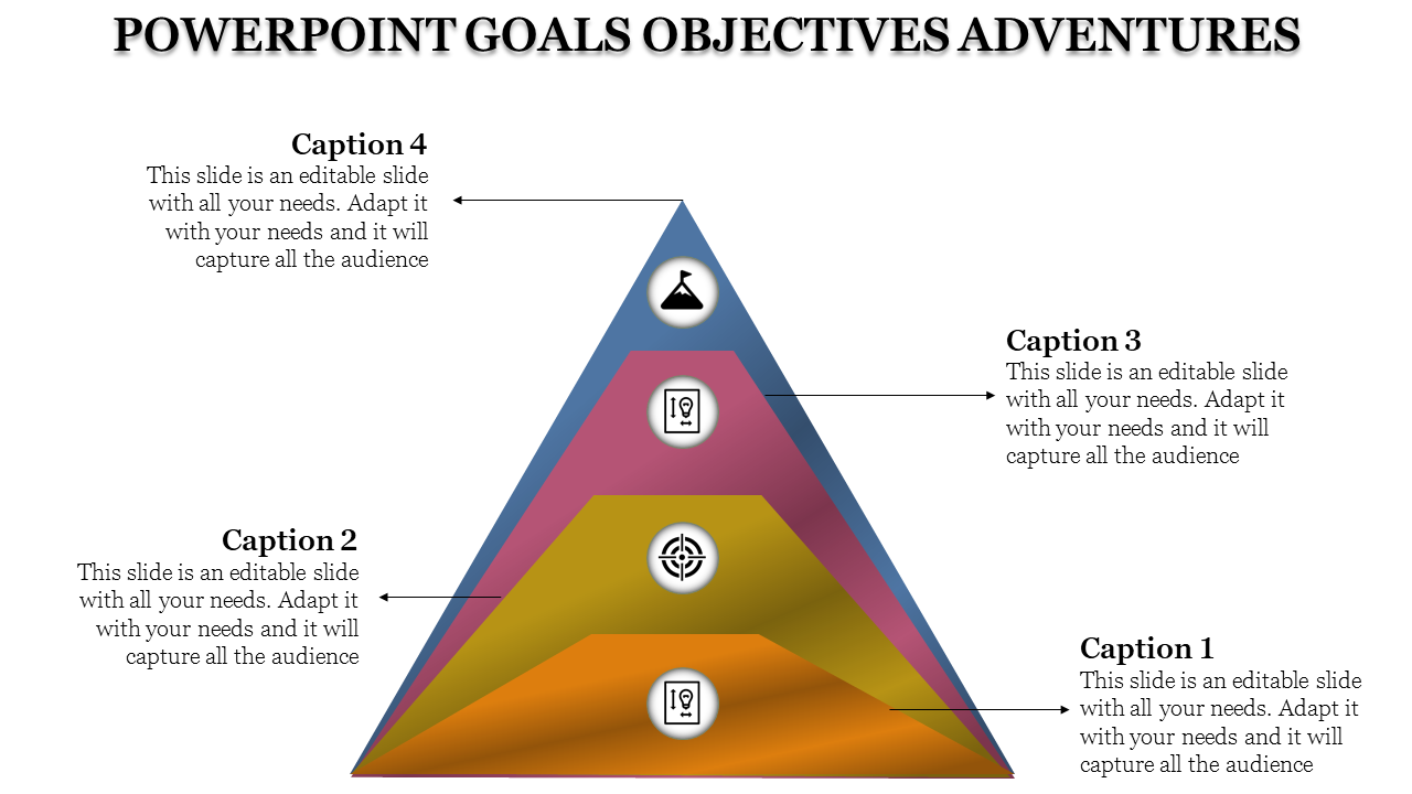 Colorful pyramid diagram with captions and arrows pointing to each section, illustrating goals and objectives.