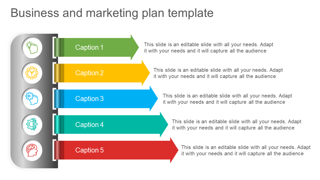 Business and marketing plan slide featuring colorful arrows with sections for captions and icons.