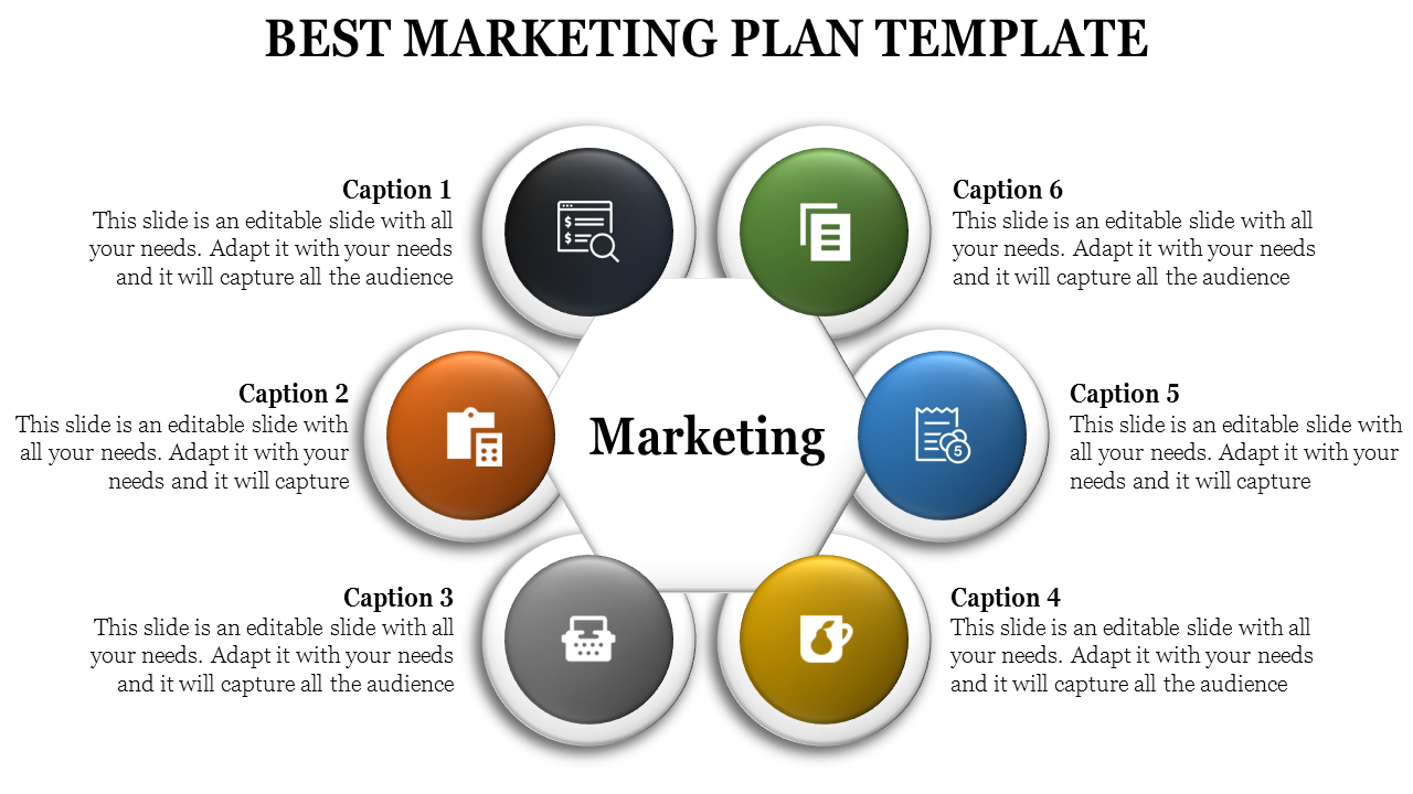 Best marketing plan template featuring six sections with icons representing different marketing concepts.