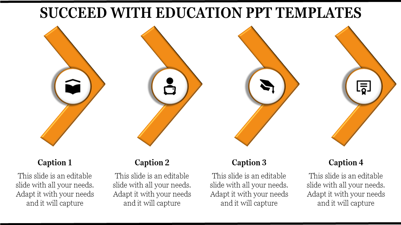 Education themed template with four arrows, each representing stages with icons and each with caption areas.