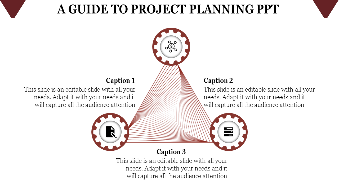 Three cogwheel icons connected in a triangular layout with red lines, each representing a project planning step.