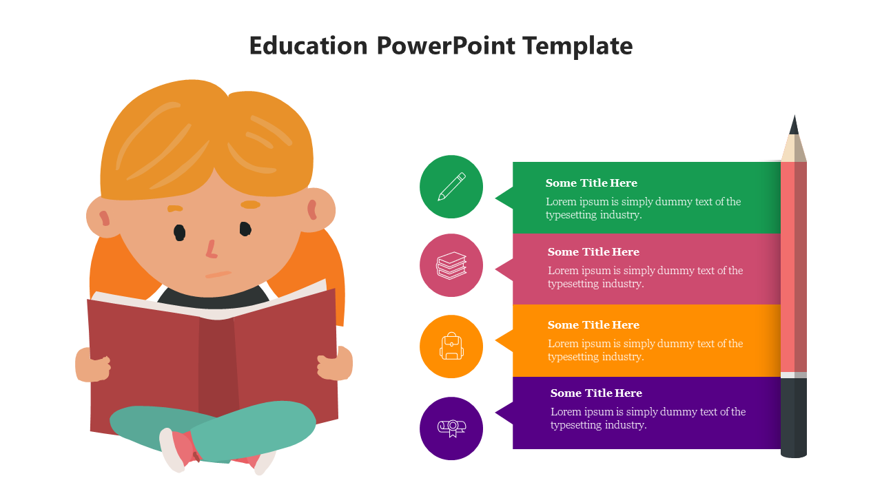 Illustration of a girl reading a book next to a vertical list of four colorful education icons and a pencil.