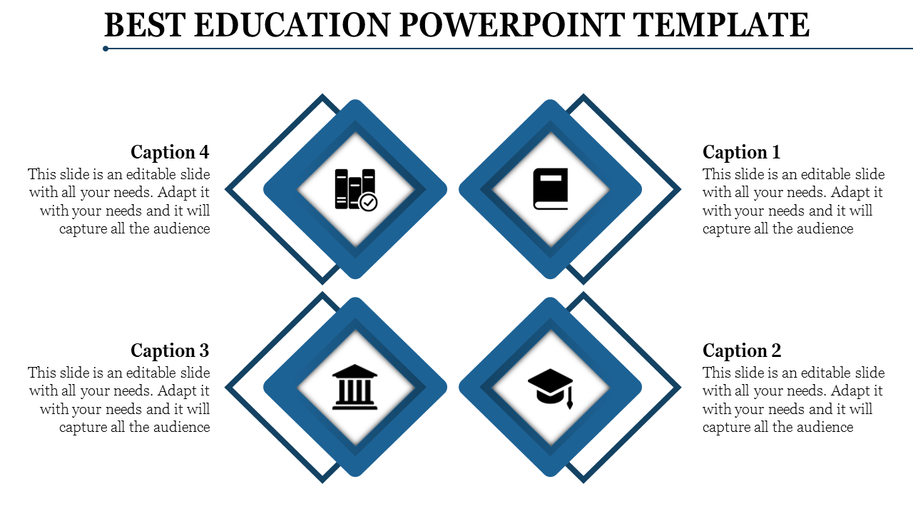 Creative slide for education with four diamond-shaped icons in blue, featuring educational icons each with a caption. 