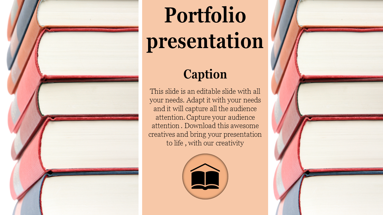 Portfolio slide featuring stacked hardcover books on the sides and a central text block with a book icon.