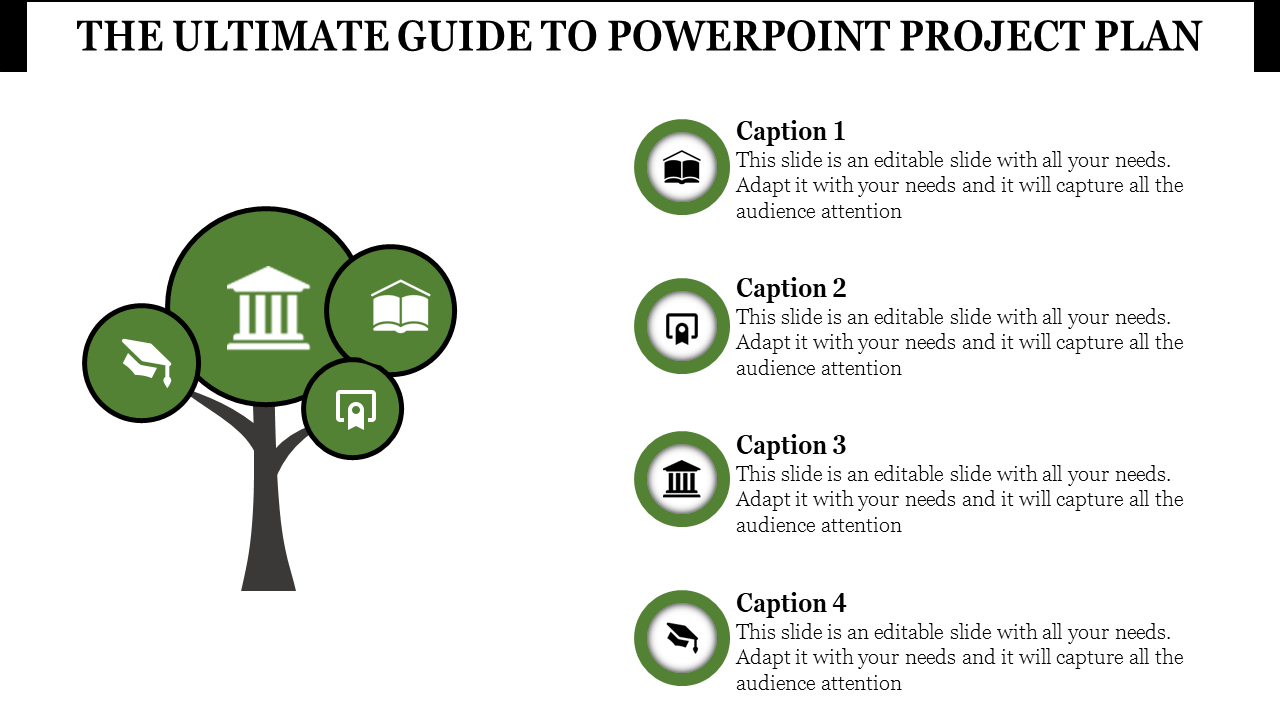 Green tree design with four circular icons on branches, aligned with captions on the right, against a white background.