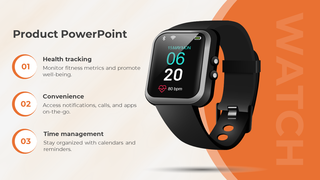 Smartwatch with fitness metrics display, alongside three numbered captions, and orange background accent with text.