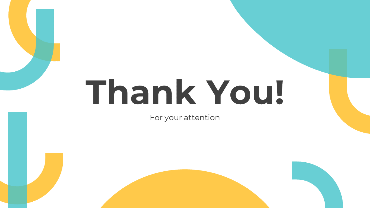 Thank you text centered on a white background with abstract teal and yellow shapes in the corners.