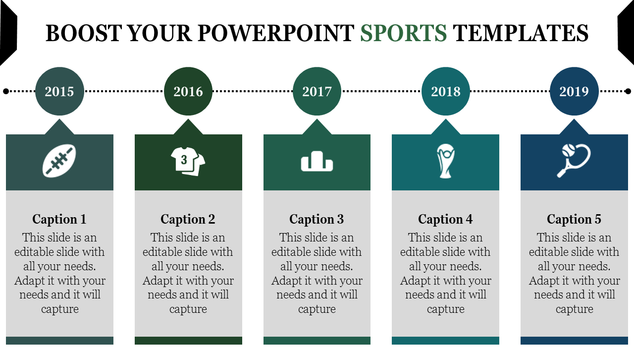 Five vertical segments with icons for different sports, each labeled with years from 2015 to 2019 in green gradient them.