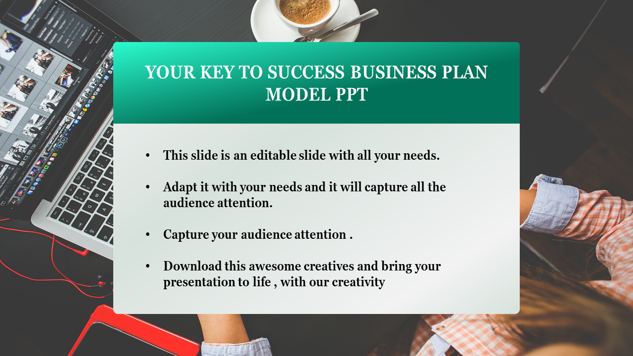 Business plan slide with a green header, editable text points, and a laptop with a coffee cup in the background.