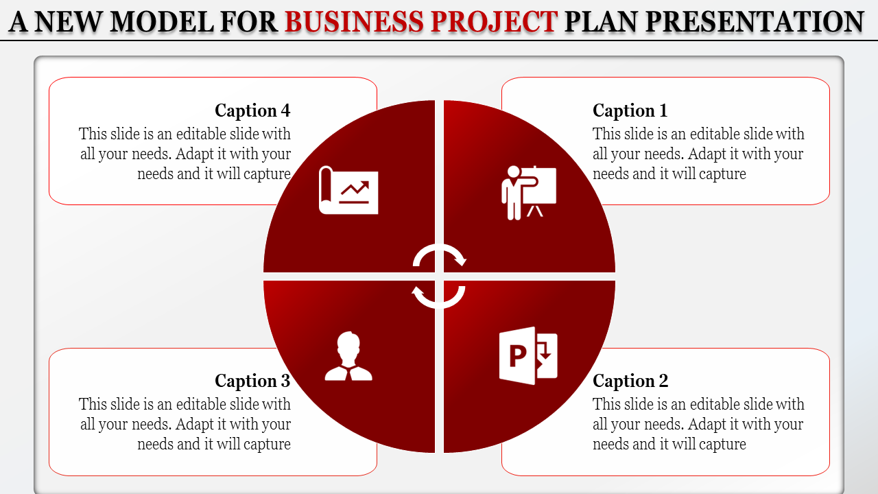 A central red circle divided into four sections, each containing business icons and text placeholders around the edges.