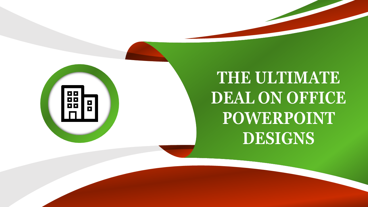 Office template with flowing red and green curved shapes, a bold title, and an icon of a building on the left.