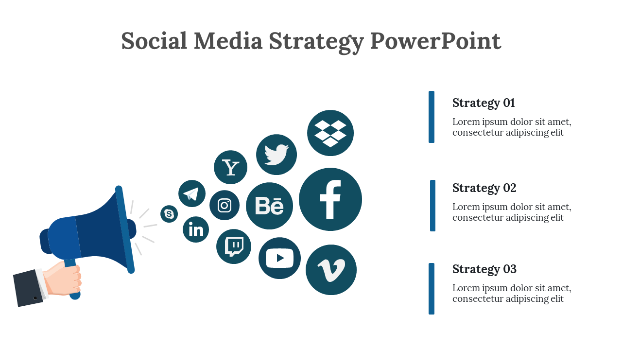 Social media strategy slide with megaphone illustration and icons for platforms like Facebook, Instagram, and Twitter.