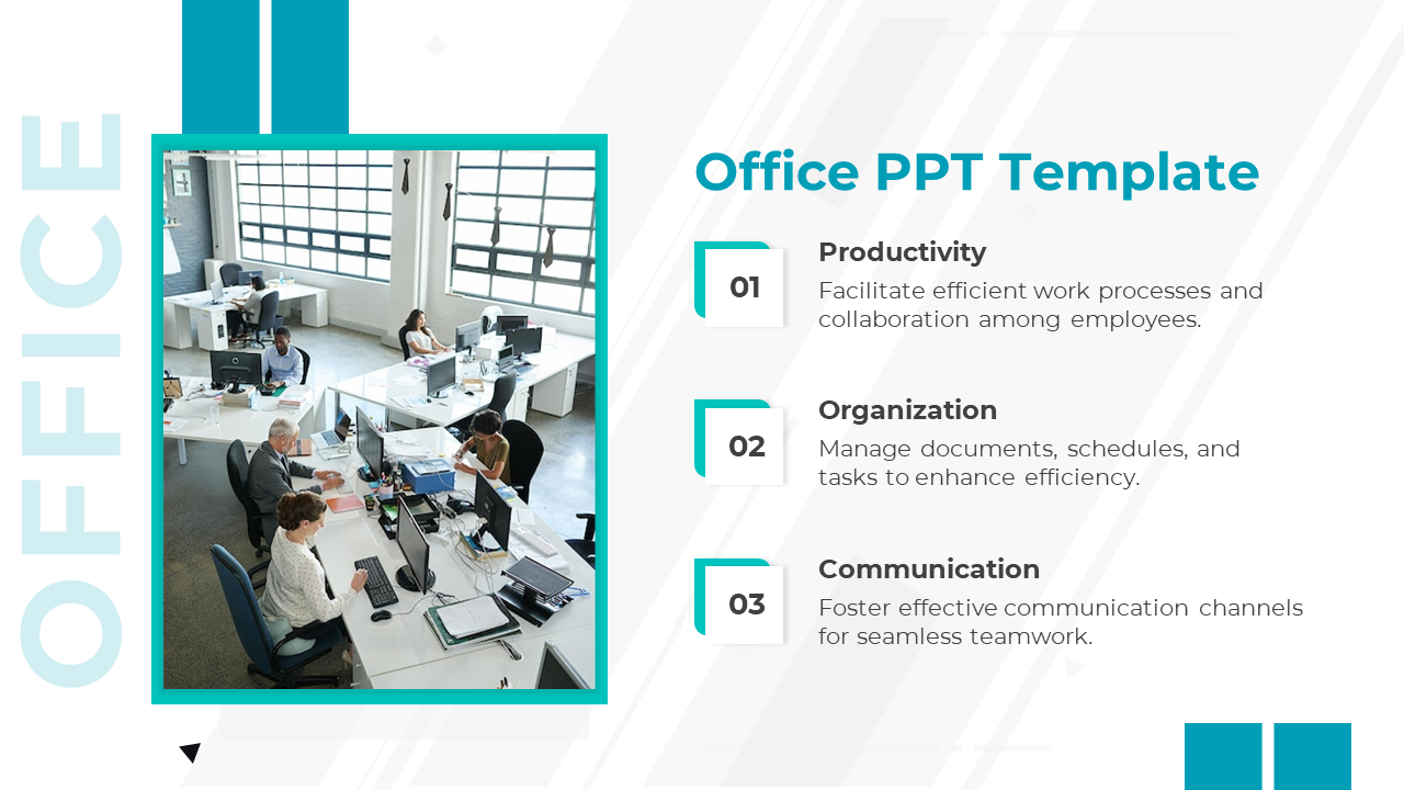 Office PowerPoint slide with a collaborative office scene and key points on productivity, organization, and communication.