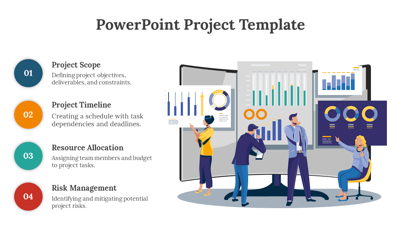 Project template with a list of project task and a illustration of people working on bar charts, line graphs, and pie charts.