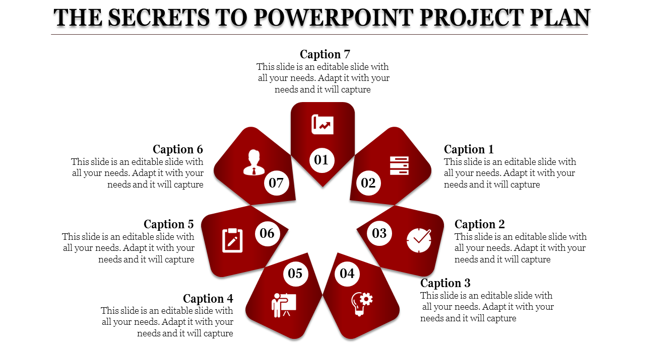 Project plan slide with seven red pentagon shapes arranged in a circular pattern, each containing icons and captions.