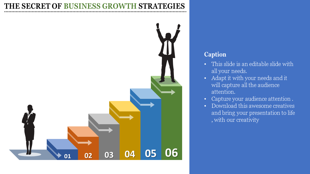 Business chart with six ascending multicolored steps, featuring two silhouetted persons and text on the right blue sidebar.