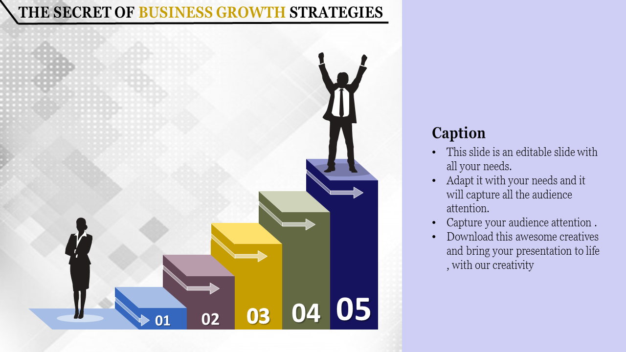 Business slide with five colorful ascending steps labeled 01 to 05, featuring a celebrating figure on the top, with caption.