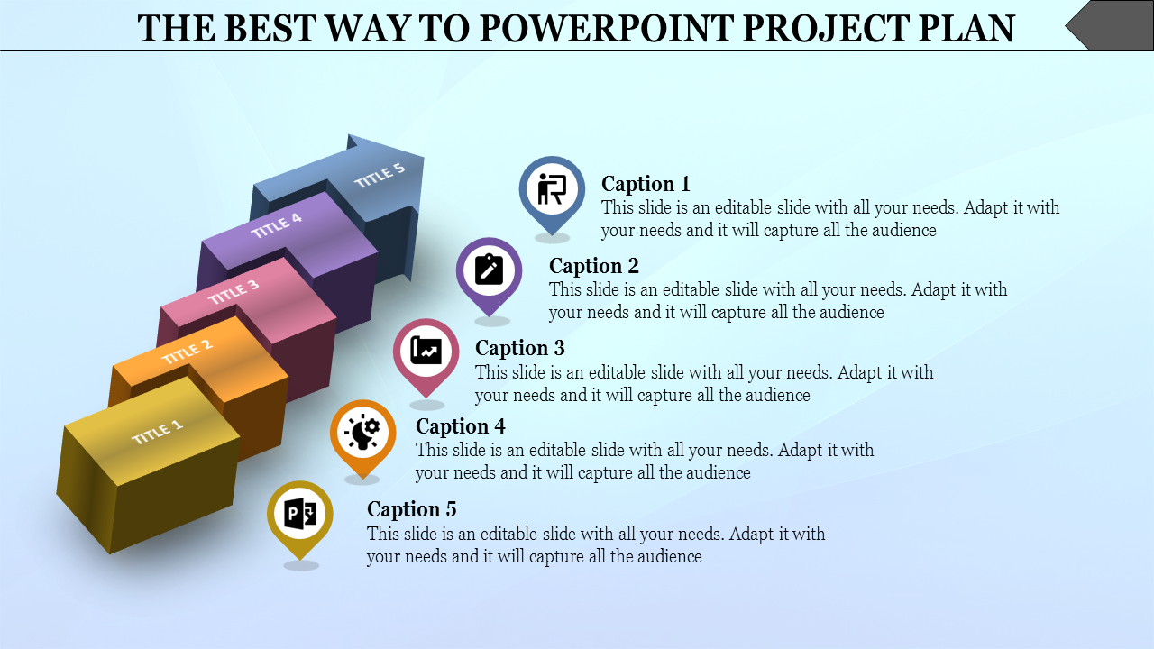 Project plan template featuring five ascending 3D steps with icons and captions areas for each step.