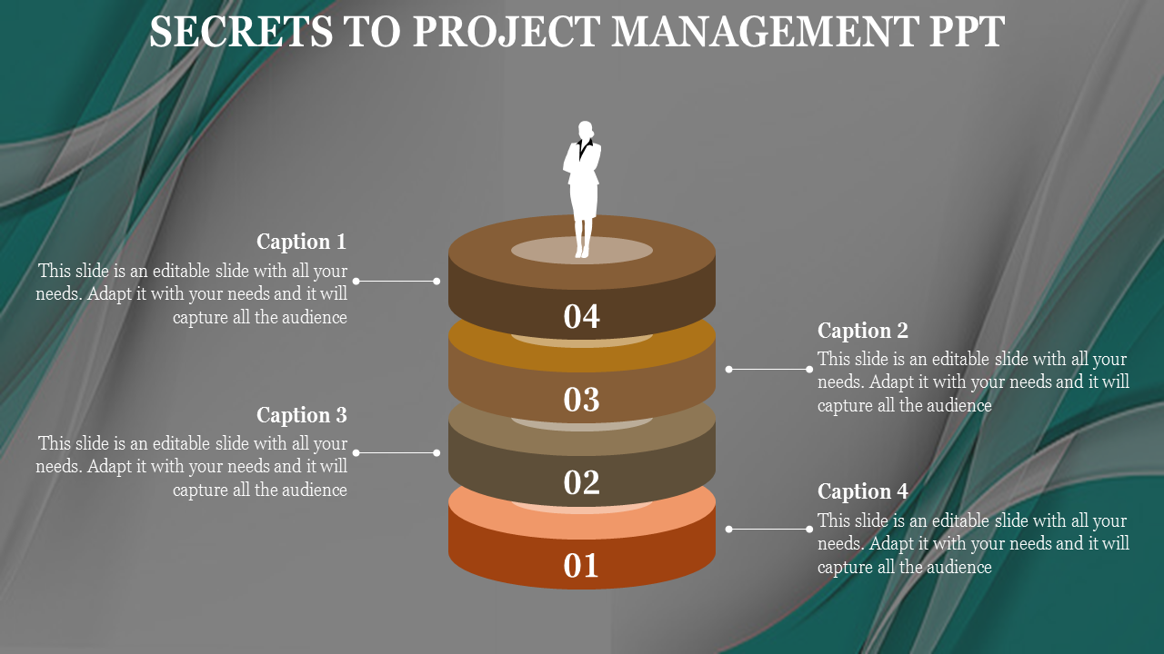 Project management slide featuring a layered circular diagram with four levels, each labeled with captions.