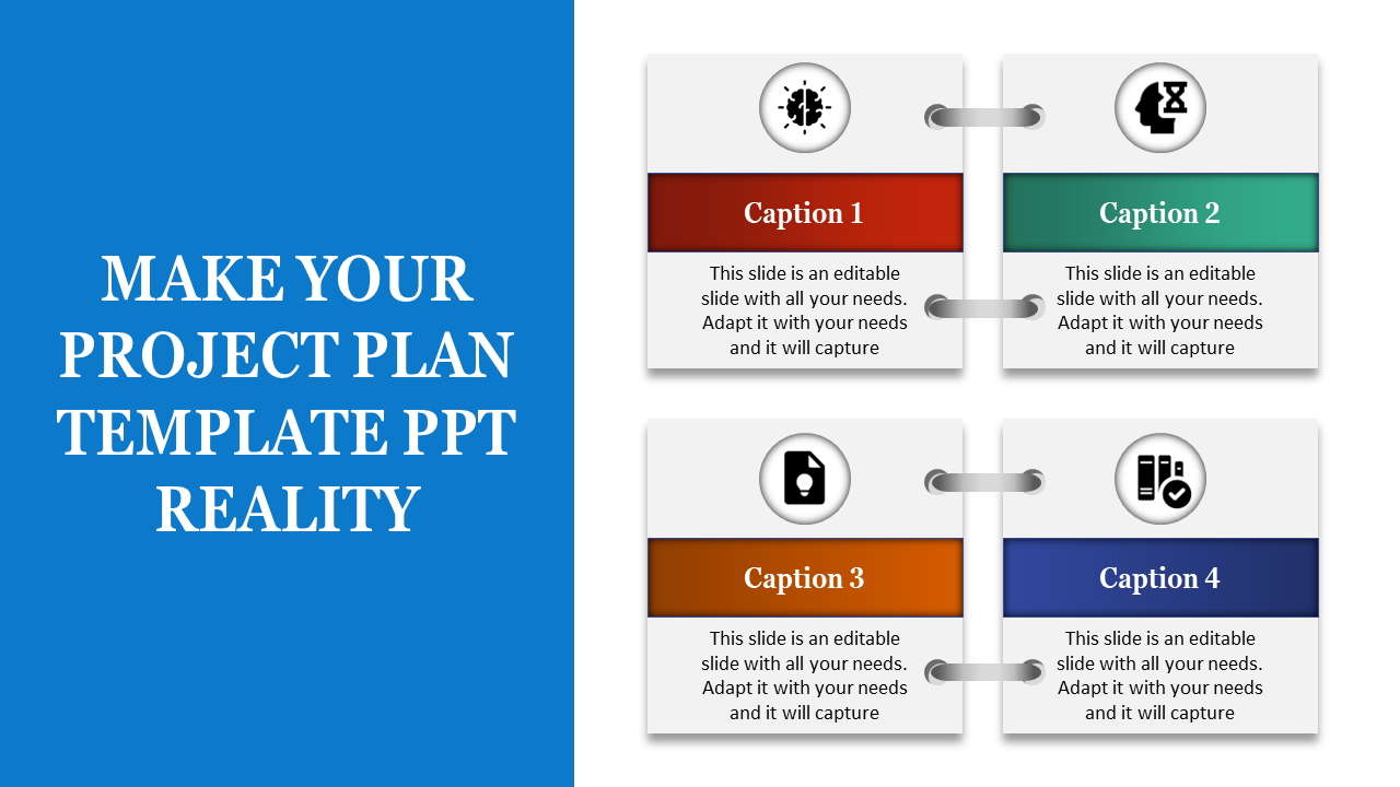 Project planning slide featuring colorful linked squares with icons and text, framed by a bold blue header.