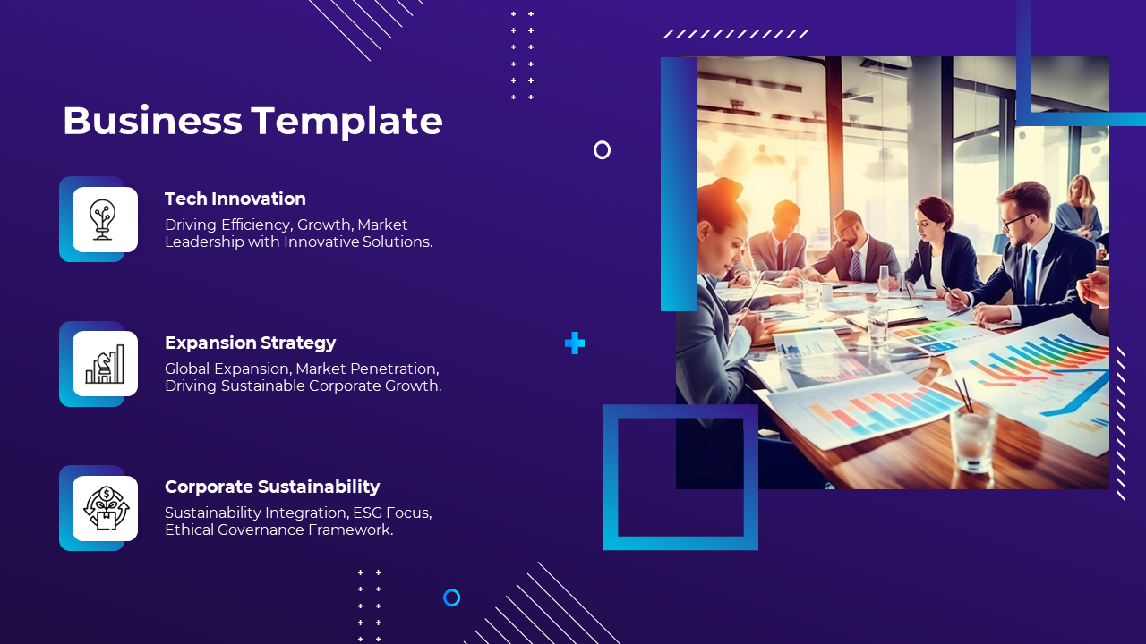 Business slide with three content blocks highlighting innovation, growth strategy, and sustainability, paired with a photo.