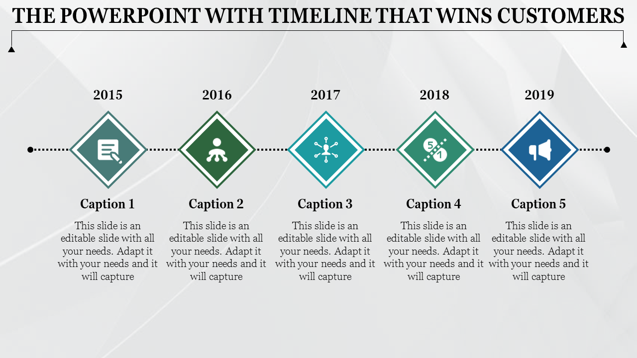 Horizontal timeline showing years with diamond-shaped icons for text, teamwork, network, statistics, and a speaker.