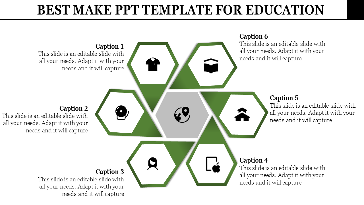 Educational-themed hexagonal diagram with a central gray hexagon and six green hexagons containing icons.