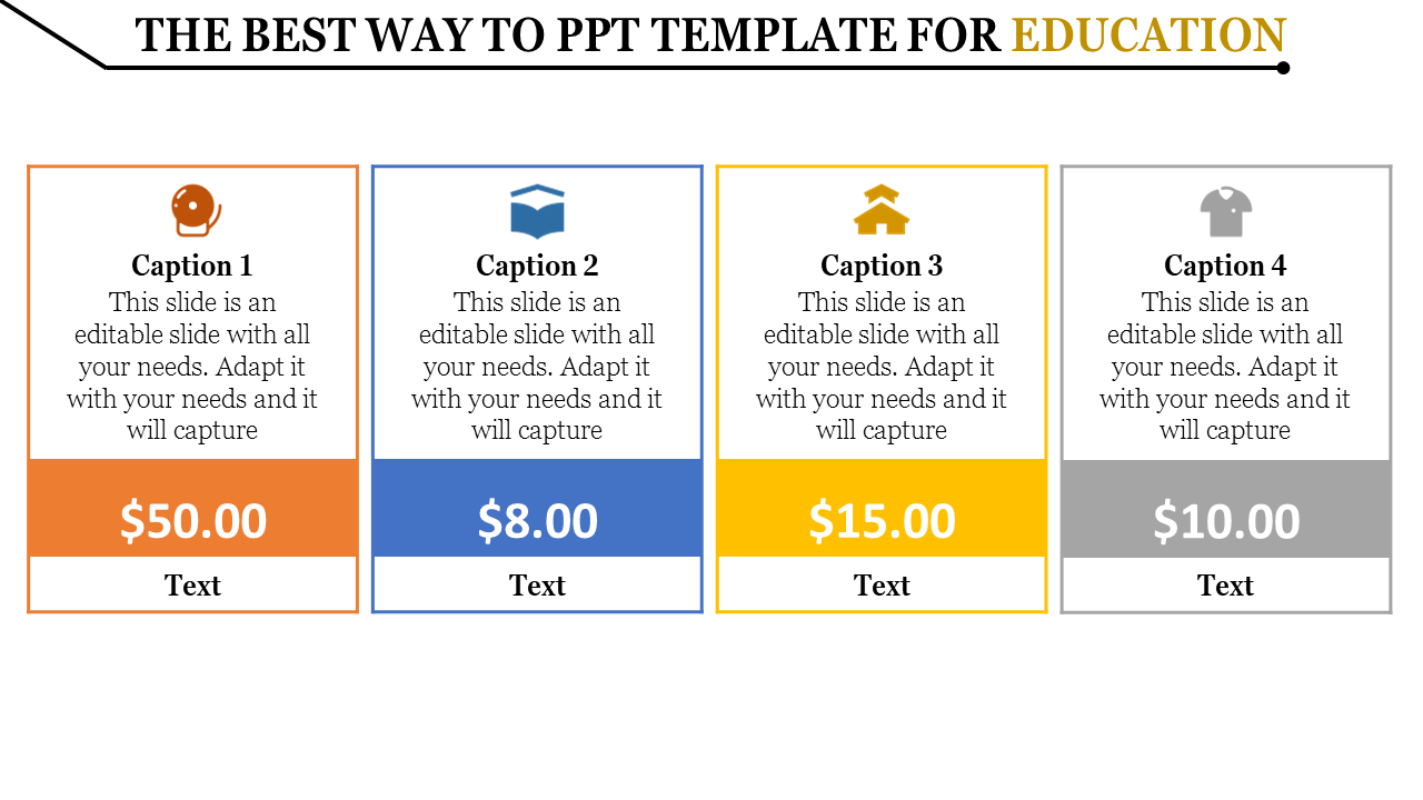 Slide with four vertical pricing sections for education templates, including captions, prices, and icons in various colours.