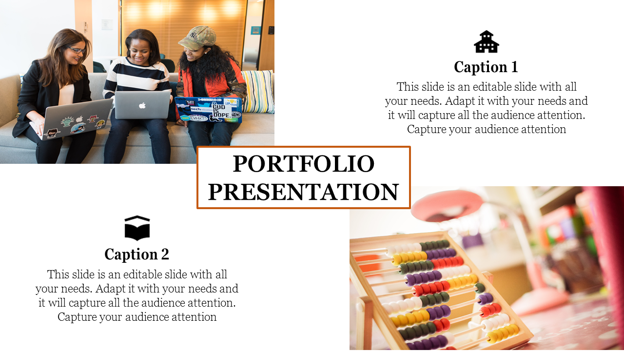 Portfolio slide with two captions: one featuring an abacus on the right and another showing three people using laptops.