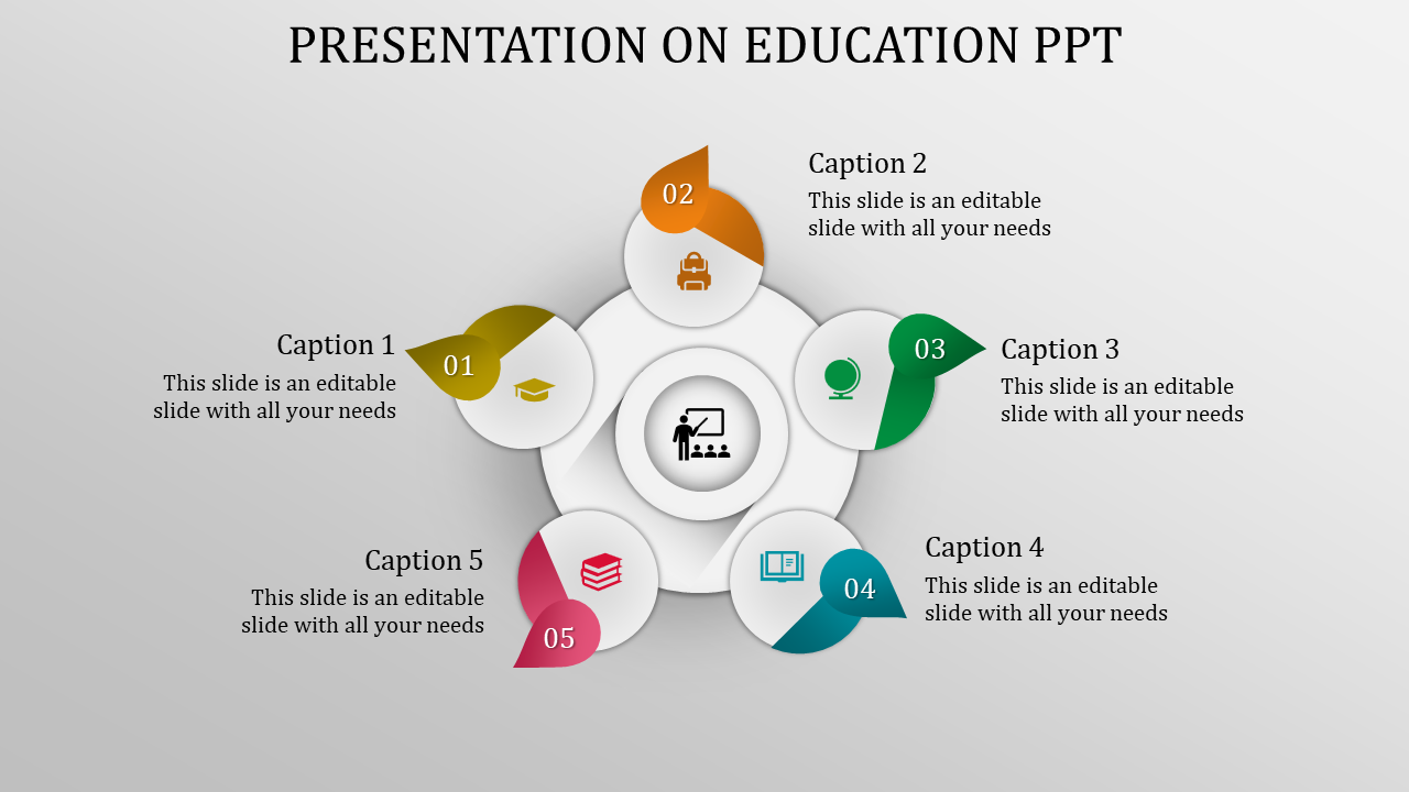 Education themed PPT slide with colorful icons for graduation, classroom, globe, books, and student with captions.