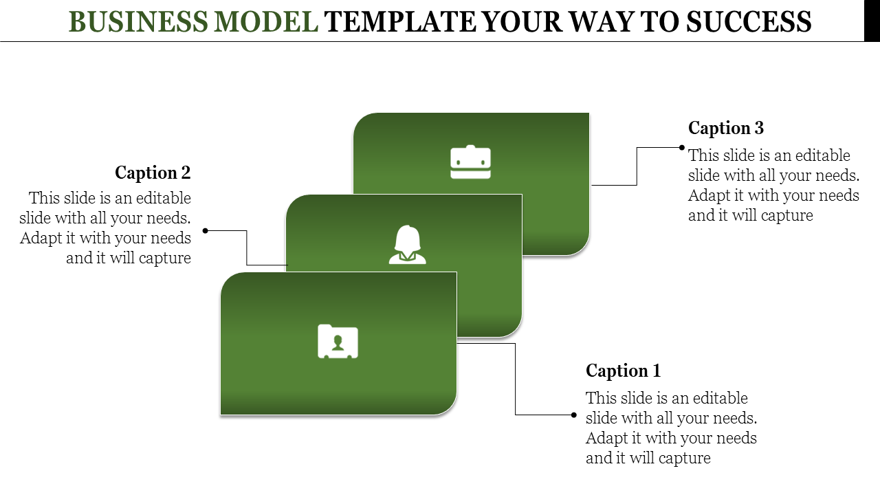 Business model PowerPoint template with three green rectangular blocks, each containing different icons and captions.