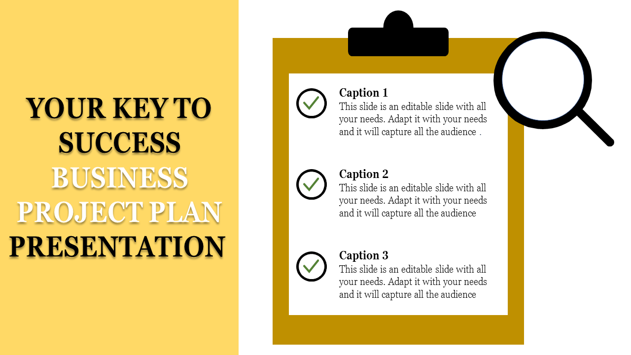 A clipboard with checkmarks and a magnifying glass, showcasing a business project plan with captions.