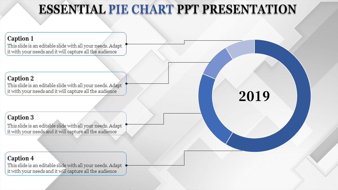 Circular blue pie chart for 2019 with four captions on the left connected by lines on a gray geometric background.