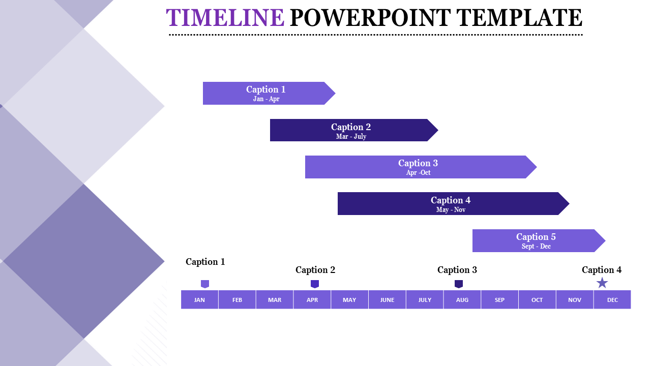 Horizontal timeline graphic with five purple arrows, labeled captions and date ranges, aligned with a month indicator.