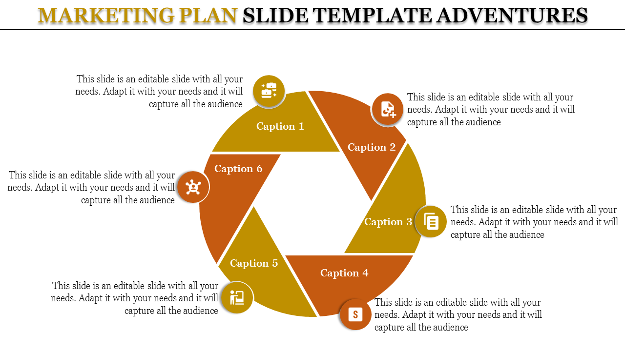 Marketing strategy wheel with six steps in orange and yellow, featuring circular icons and placeholder text areas.