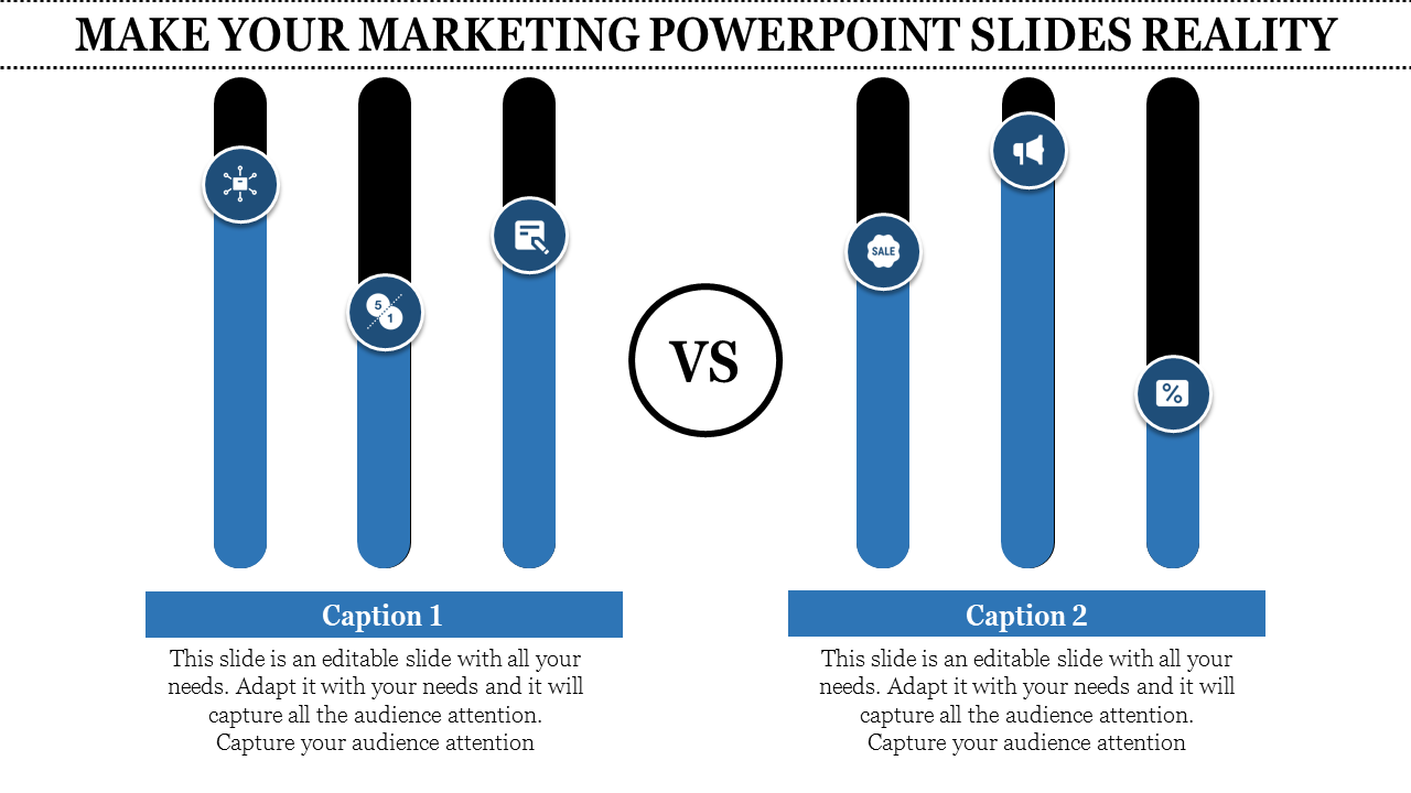 Two-column comparison graphic for marketing with vertical blue, black bars, circular icons, and placeholders text areas.