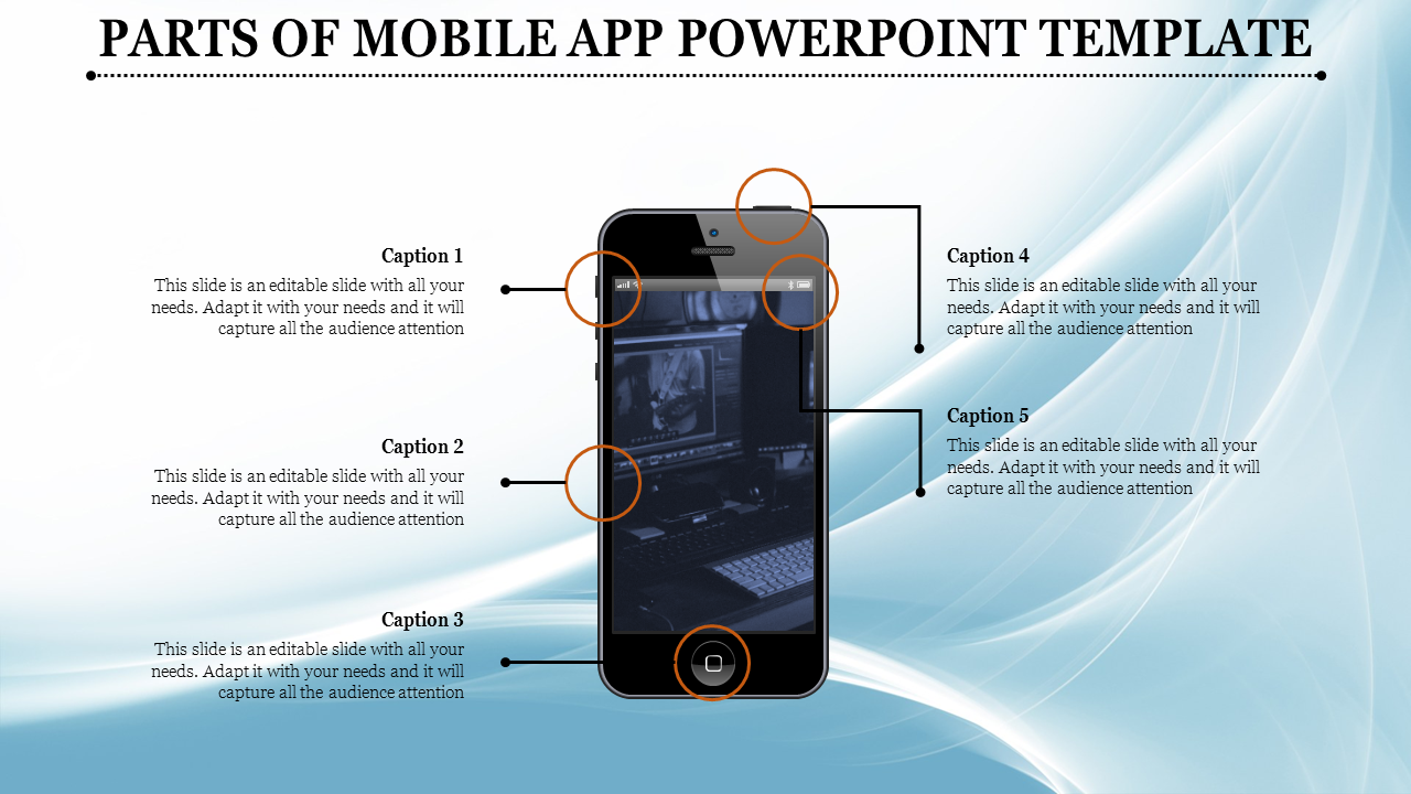 PowerPoint template showing a mobile phone with numbered sections pointing to different parts of the screen.