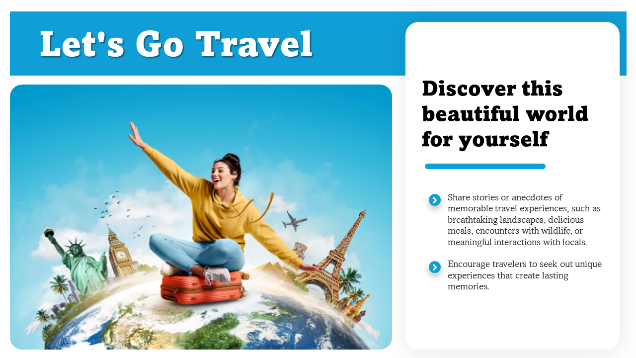 Travel themed image with a woman on a suitcase atop a globe, featuring landmarks like Big Ben, palm trees, and airplanes.