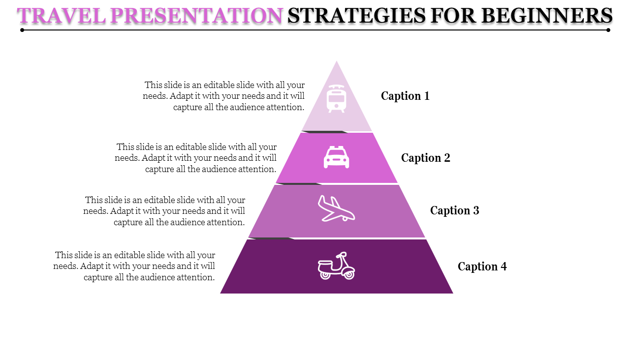 Travel strategy template with a pyramid layout showcasing various transport options from train to scooter for beginners.