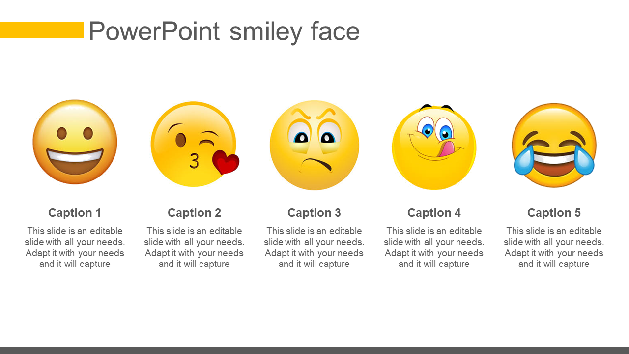 Slide featuring five different smiley face emojis, each representing a distinct emotion, with captions below.