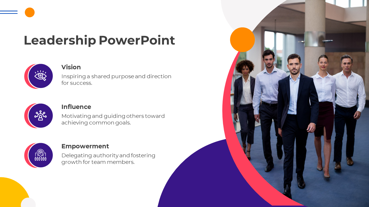 Leadership slide with three purple icons and text, and a group of professionals walking in a modern office.